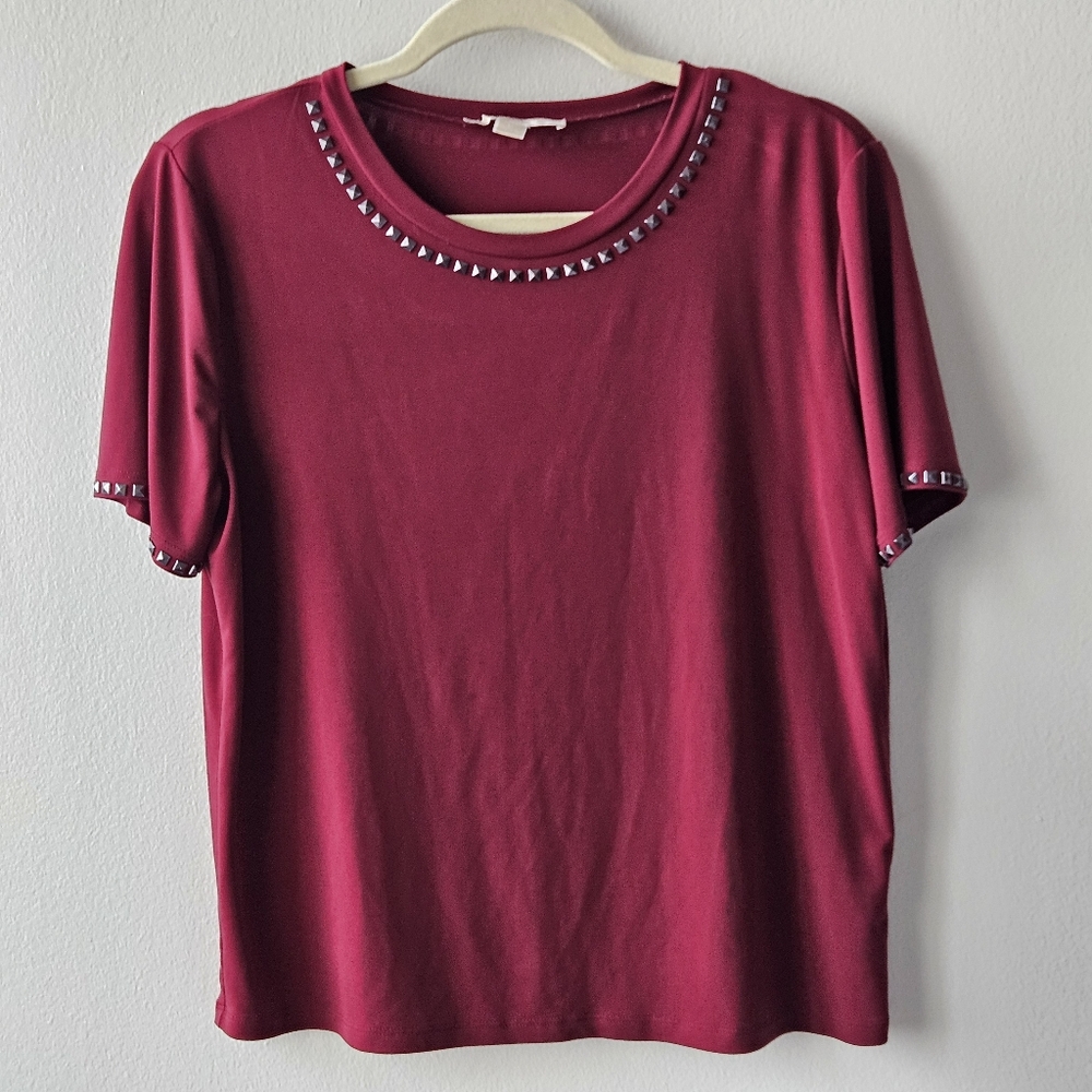 Michael Kors Sz M Berry Studded Embellished Neck Short Sleeve Knit Top Dry Clean